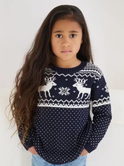 Marineblauw - The Little Tailor kinderkersttrui met rendier-fairislepatroon
