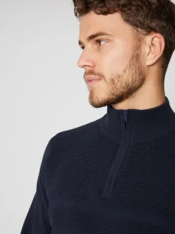 Marineblauw - Threadbare gebreide trui met kwartrits en geribbelde details