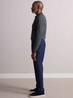 Marineblauw - Wollen Rijke Slim Textuur Broek Met Zijverstellers