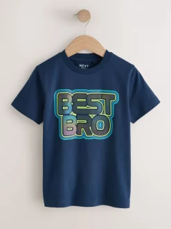 Marineblauw Best Bro - Regular fit T-shirt met korte mouwen en grafische print (3-16jaar)