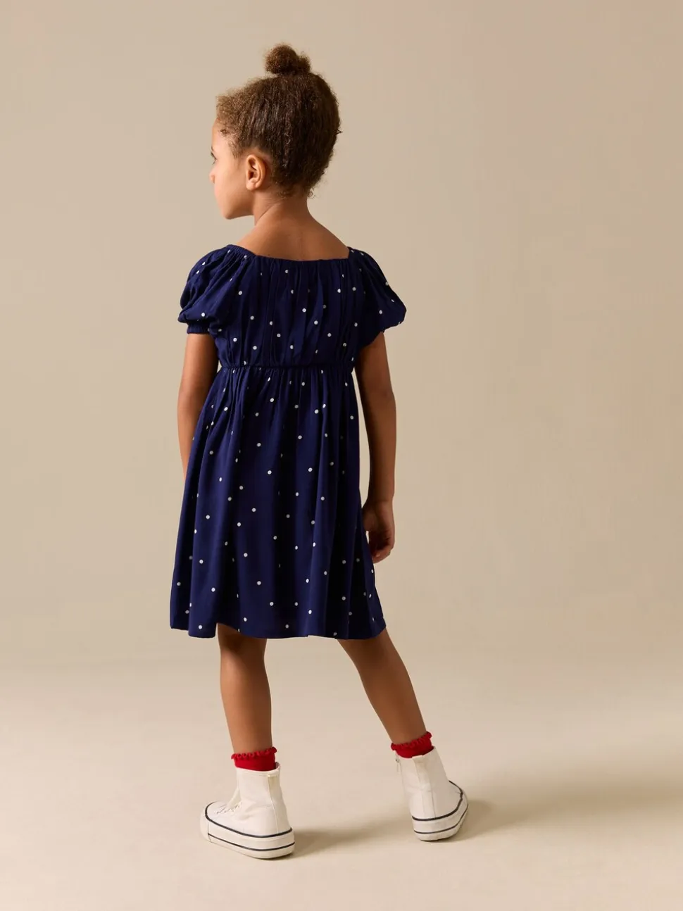 Marineblauw blauw gestippeld - Short Sleeve Dress (3-16yrs)
