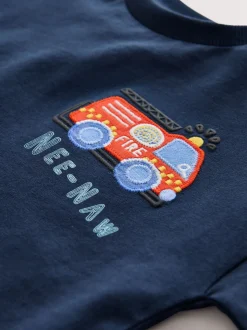 Marineblauw brandweerwagen - T-shirt met korte mouwen en applicatie (3 mnd - 7 jr)