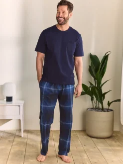 Marineblauw geruit - Jersey pyjama met korte mouwen