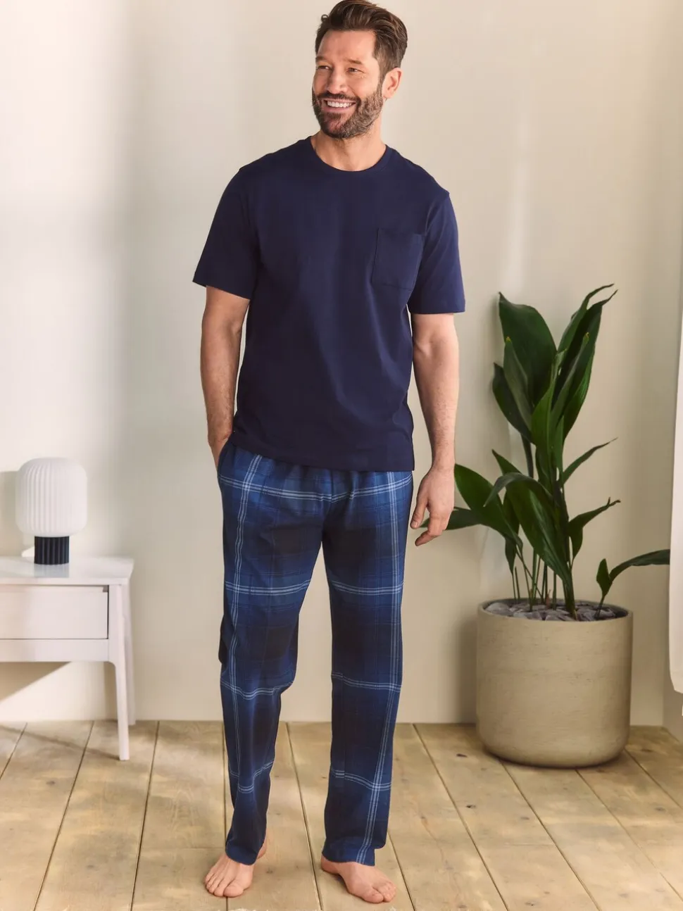 Marineblauw geruit - Jersey pyjama met korte mouwen