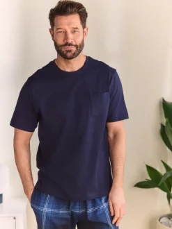 Marineblauw geruit - Jersey pyjama met korte mouwen