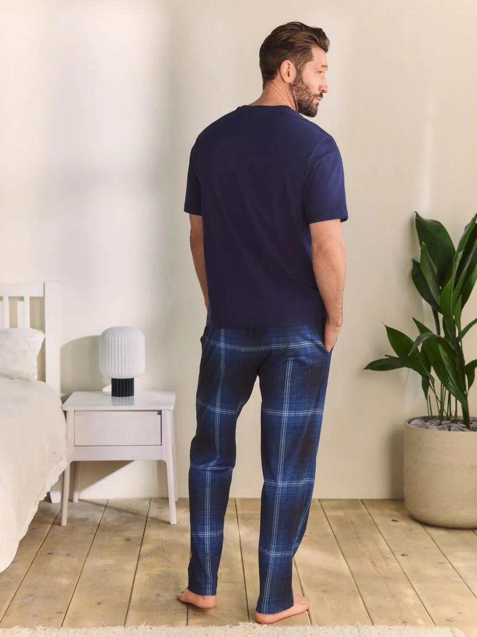 Marineblauw geruit - Jersey pyjama met korte mouwen