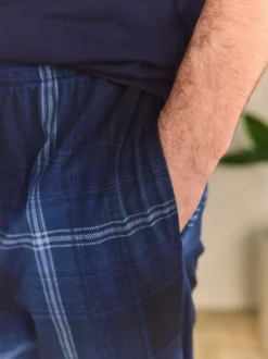 Marineblauw geruit - Jersey pyjama met korte mouwen