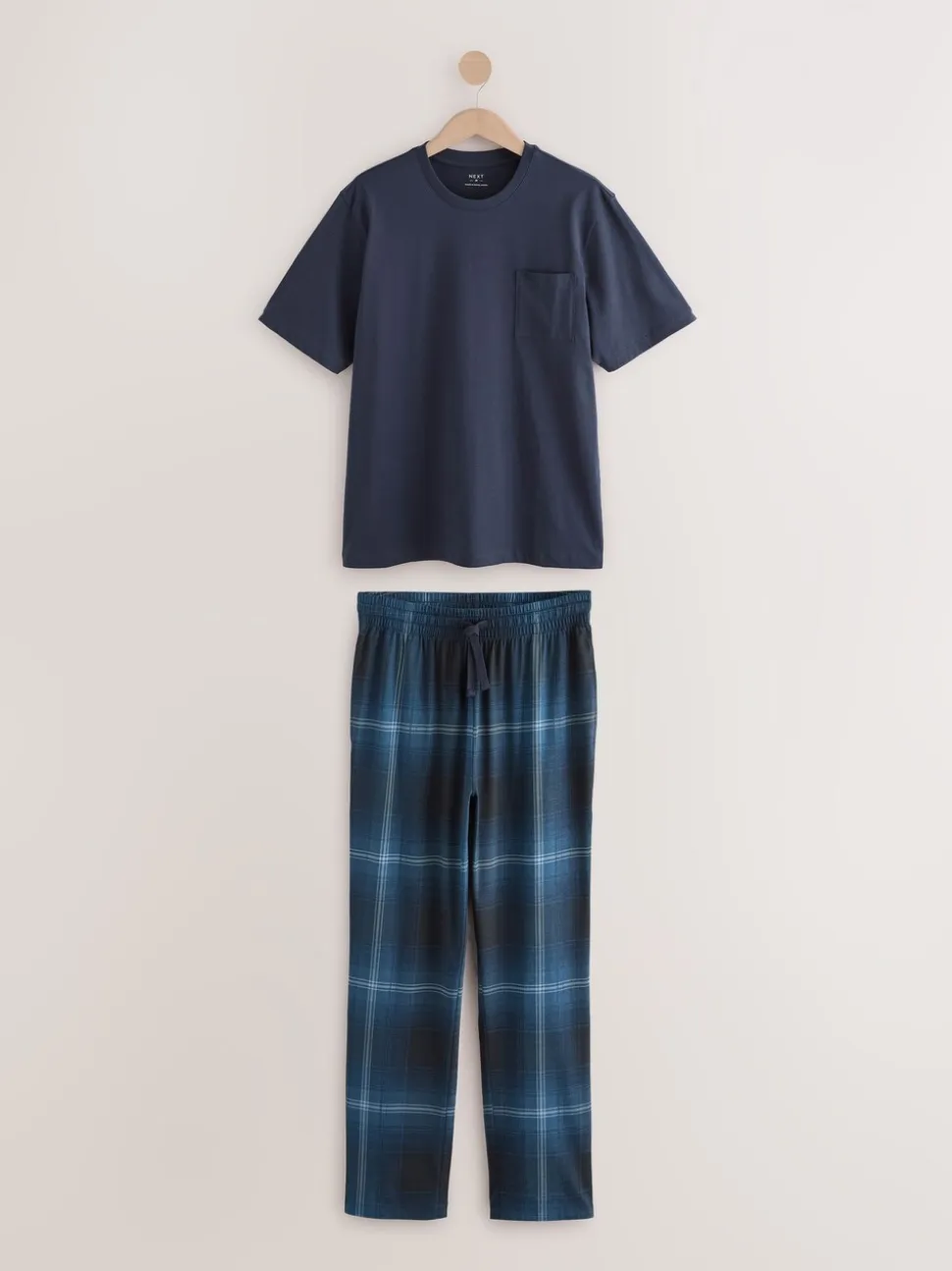 Marineblauw geruit - Jersey pyjama met korte mouwen