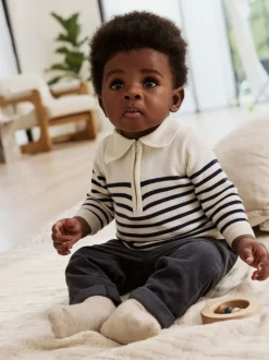 Marineblauw gestreept - Babyset van gebreide top en broek (0mnd-2jr)