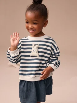 Marineblauw gestreept - Sweatjurk met mesh rok (3mnd -7jr)