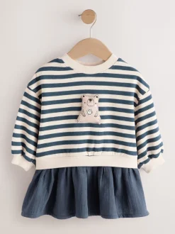 Marineblauw gestreept - Sweatjurk met mesh rok (3mnd -7jr)