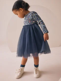 Marineblauw met bloemen - Feestjurk van mesh met lange mouwen (3mnd-7jr)