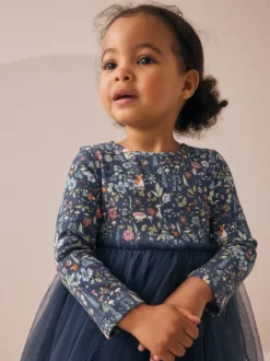 Marineblauw met bloemen - Feestjurk van mesh met lange mouwen (3mnd-7jr)