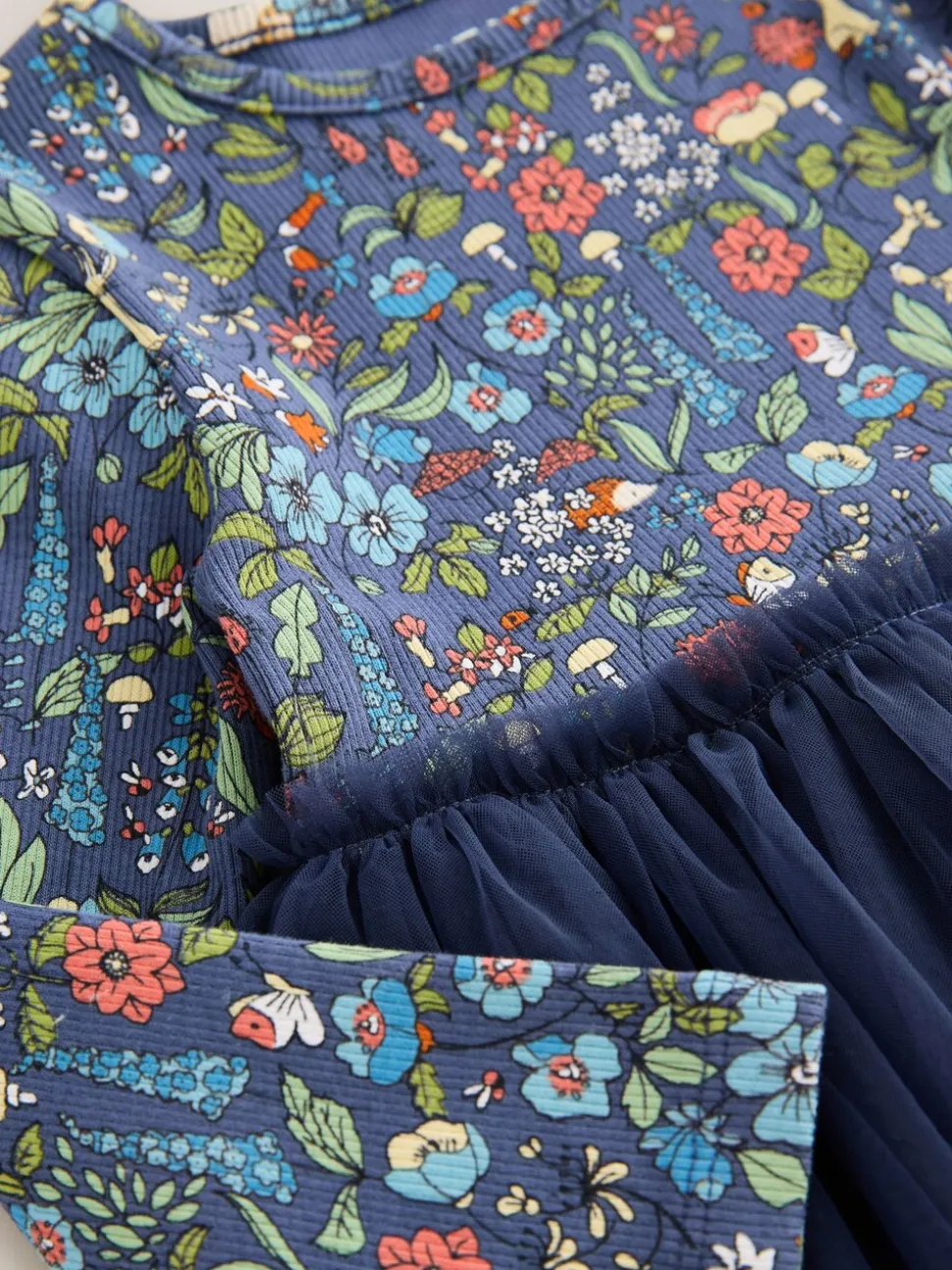 Marineblauw met bloemen - Feestjurk van mesh met lange mouwen (3mnd-7jr)