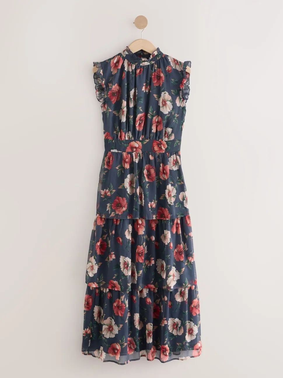 Marineblauw met bloemenprint - Gedrukte Maxi-jurk met hoge hals en tierlantijntjes