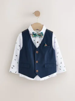Marineblauw met dinosaurus - Set met gilet, overhemd en vlinderdas (3 mnd- 7 jr)