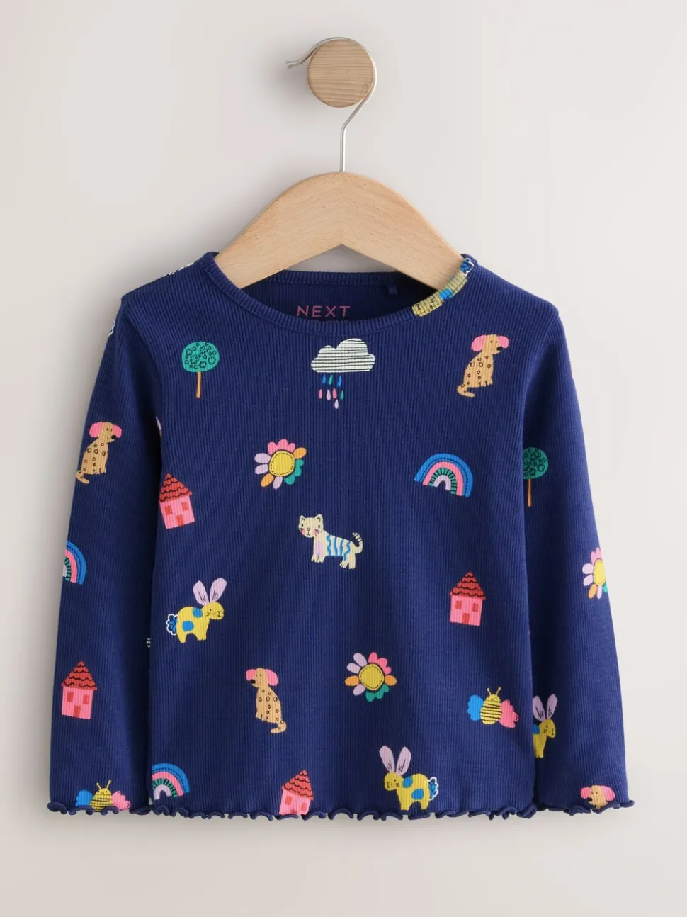 Marineblauw met katten- en hondenprint - Geribbeld T-shirt met lange mouwen (3mnd-7jr)