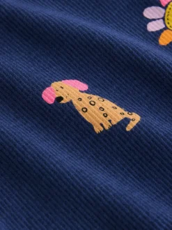 Marineblauw met katten- en hondenprint - Geribbeld T-shirt met lange mouwen (3mnd-7jr)