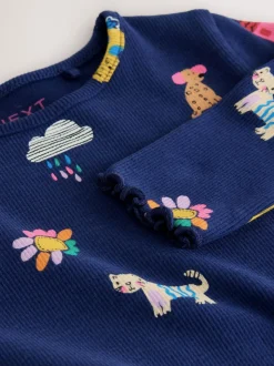 Marineblauw met katten- en hondenprint - Geribbeld T-shirt met lange mouwen (3mnd-7jr)