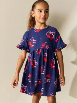 Marineblauw met kersenprint - Jersey jurk met korte mouwen (3-16 jr)