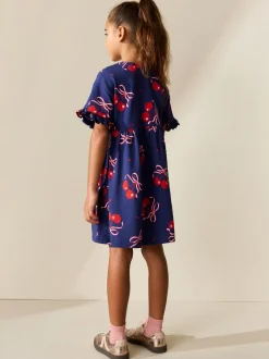 Marineblauw met kersenprint - Jersey jurk met korte mouwen (3-16 jr)