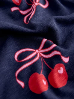 Marineblauw met kersenprint - Jersey jurk met korte mouwen (3-16 jr)