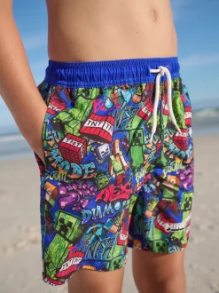 Marineblauw met Minecraft-print - Zwemshort (3-16 jr)