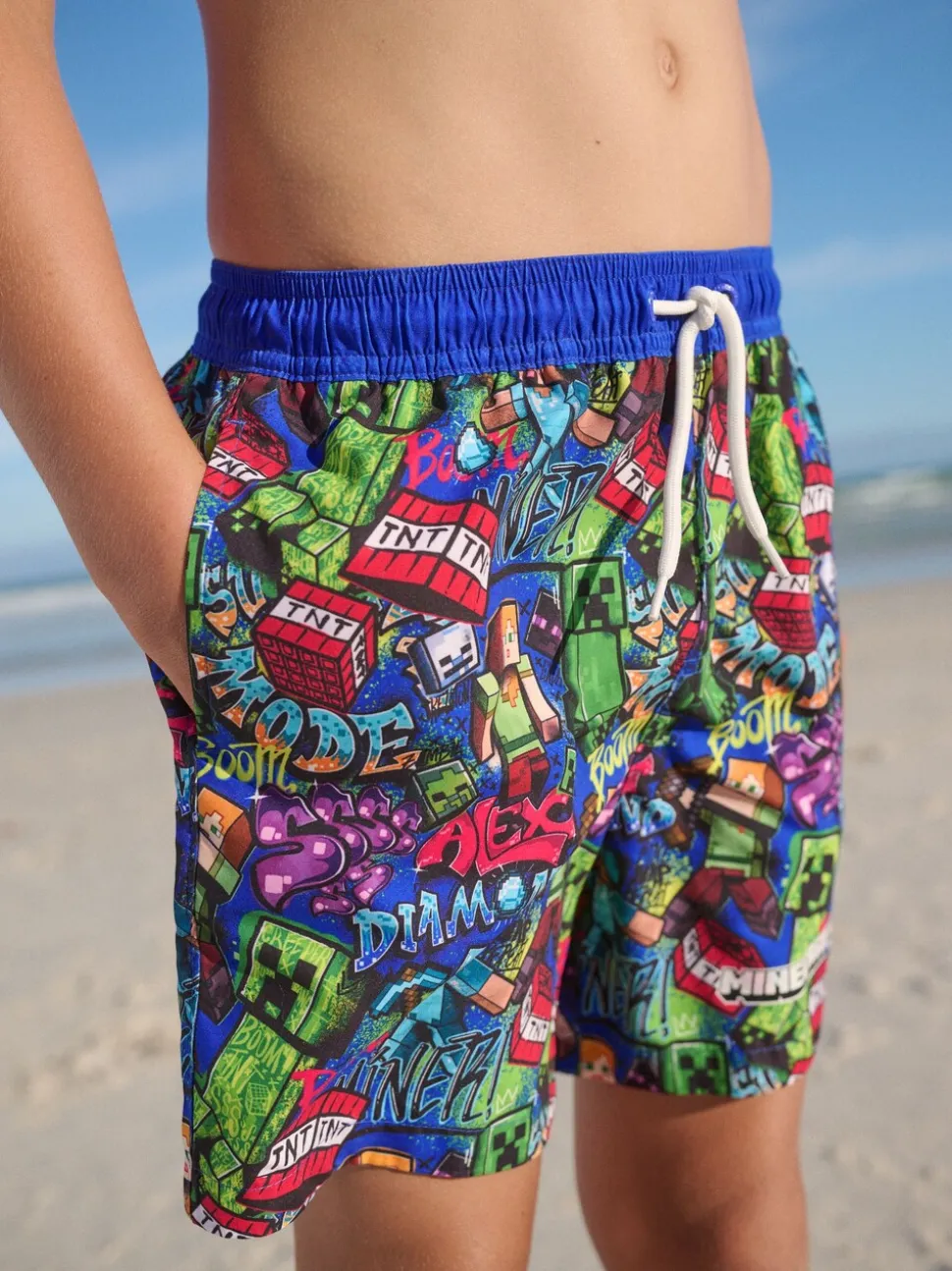 Marineblauw met Minecraft-print - Zwemshort (3-16 jr)