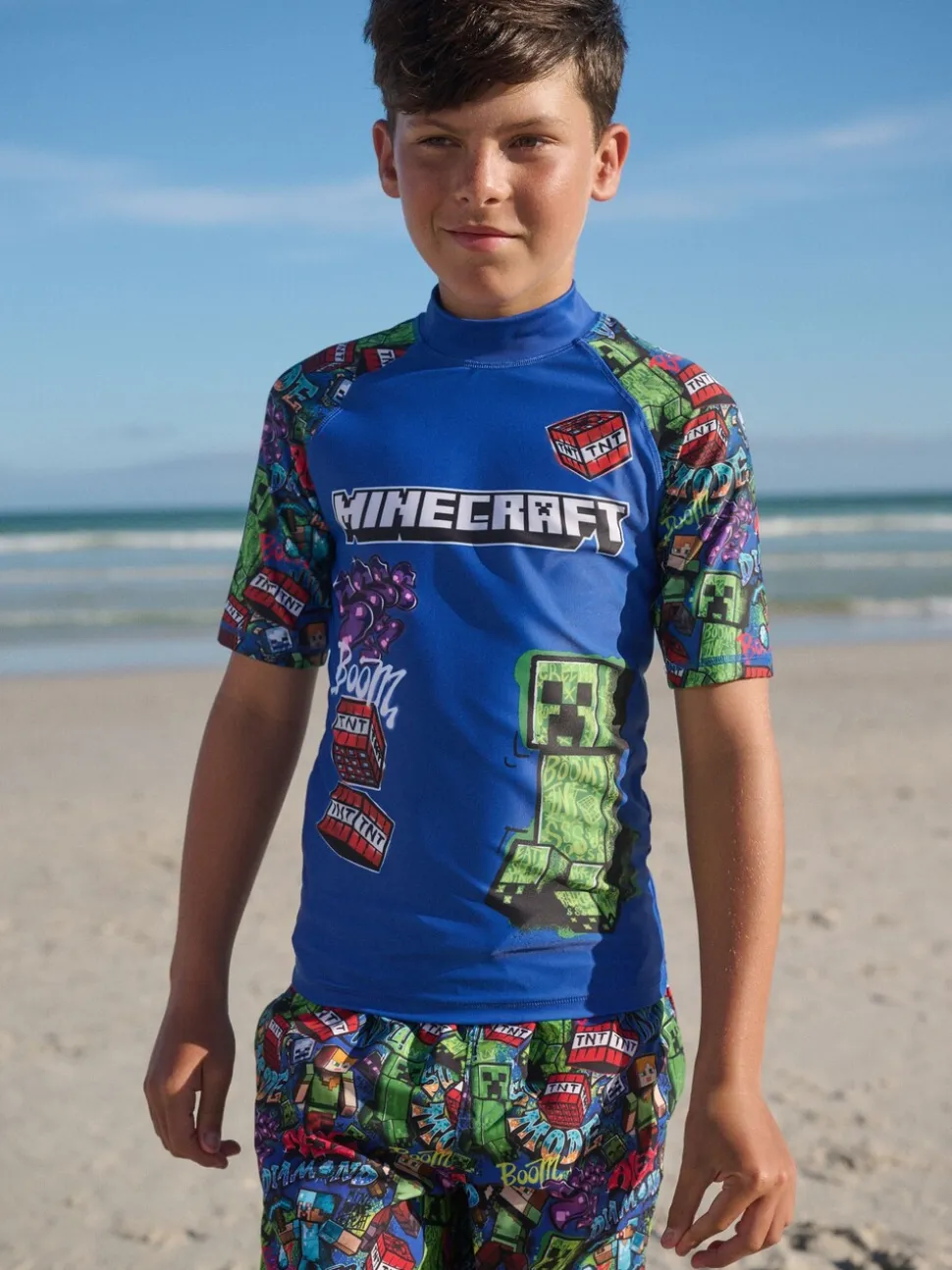 Marineblauw met Minecraft-print - Surfhemdje (3-16 jr)