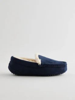 Marineblauw met neutrale warme voering - Behaaglijke pantoffels met mocassin