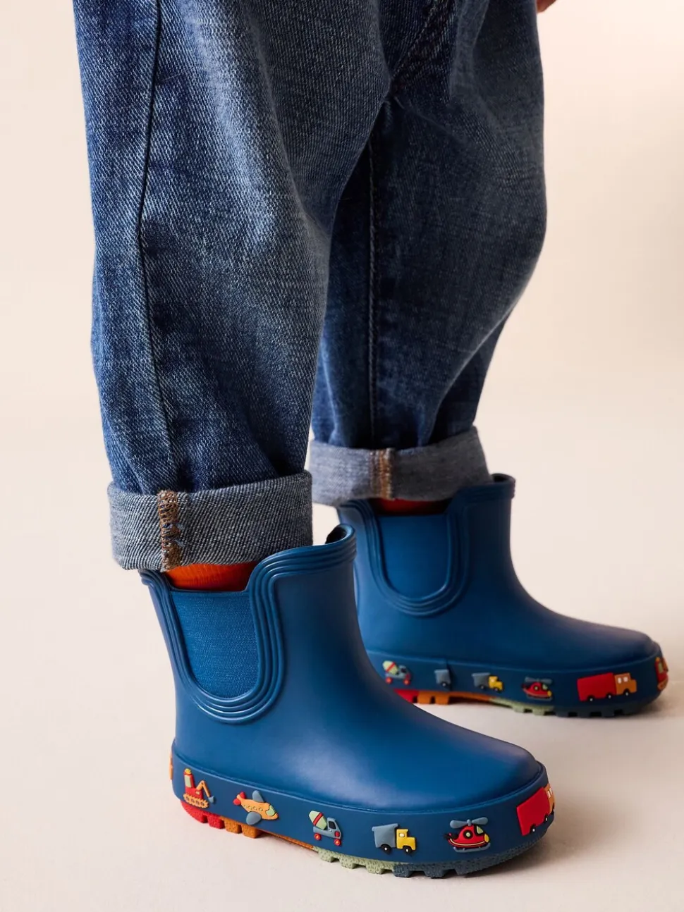 Marineblauw met voertuigprint - Enkelhoge regenlaarzen