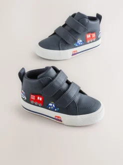 Marineblauw met voertuigprint - Hoge schoenen met klittenbandsluiting
