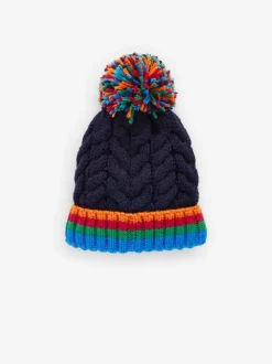 Marineblauw regenboog geribbeld - Beanie-muts met pompon (3mnd-16jr)