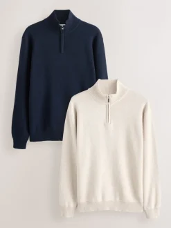 Marineblauw/beigebruin - 100% Cotton Regular Fit Premium Quarter Zip Jumpers 2 Pack
