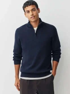 Marineblauw/beigebruin - 100% Cotton Regular Fit Premium Quarter Zip Jumpers 2 Pack