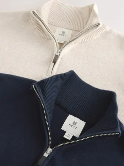 Marineblauw/beigebruin - 100% Cotton Regular Fit Premium Quarter Zip Jumpers 2 Pack