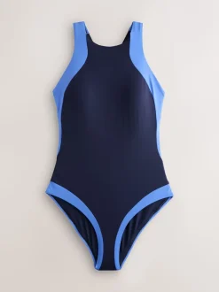 Marineblauw/blauw - Hoogsluitende halterbadpak met buikcorrectie