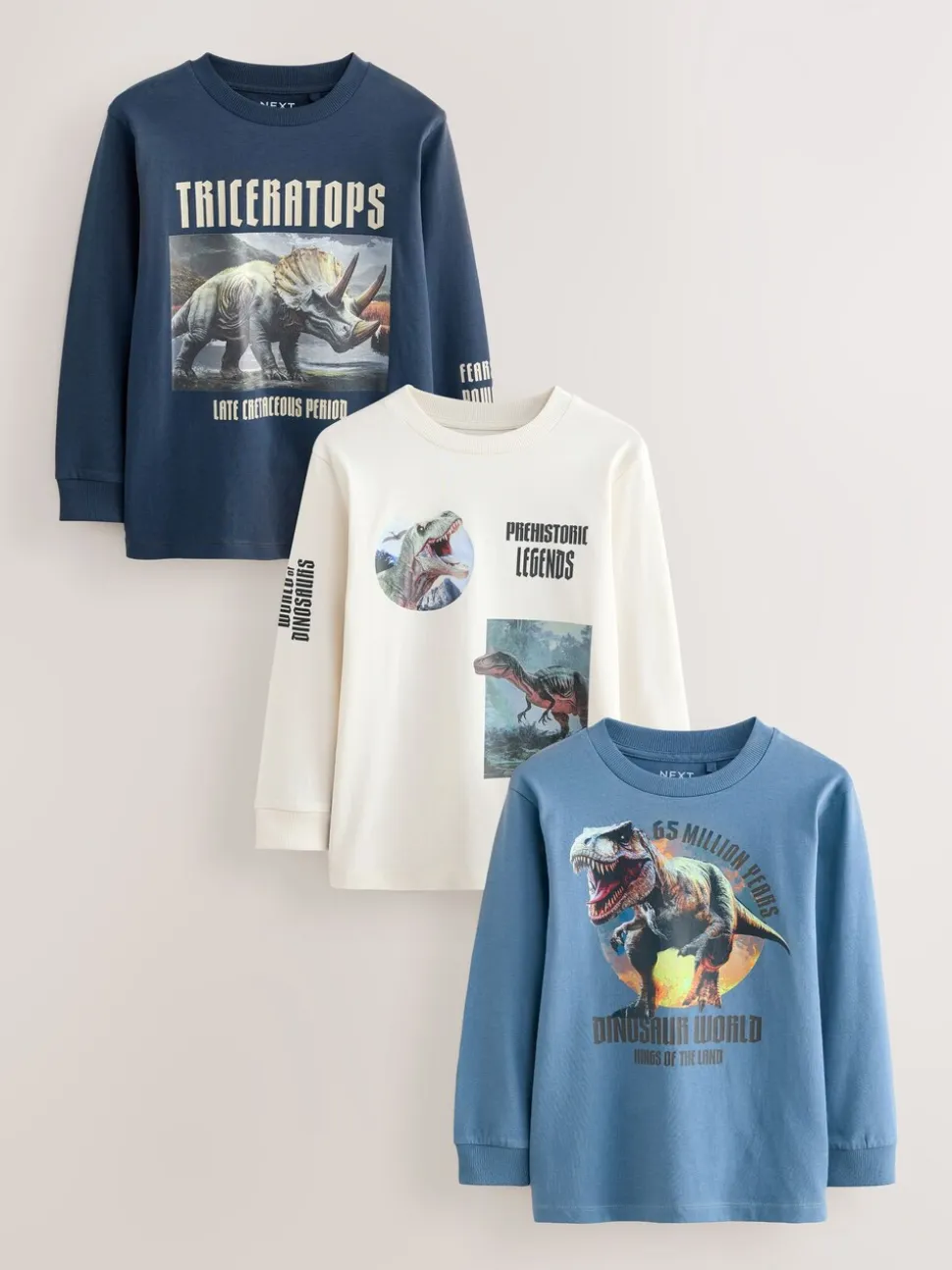 Marineblauw/blauw/ecru dinosaurus - Bedrukte T-shirts met lange mouwen verpakking van 3 (3 - 16 jr)