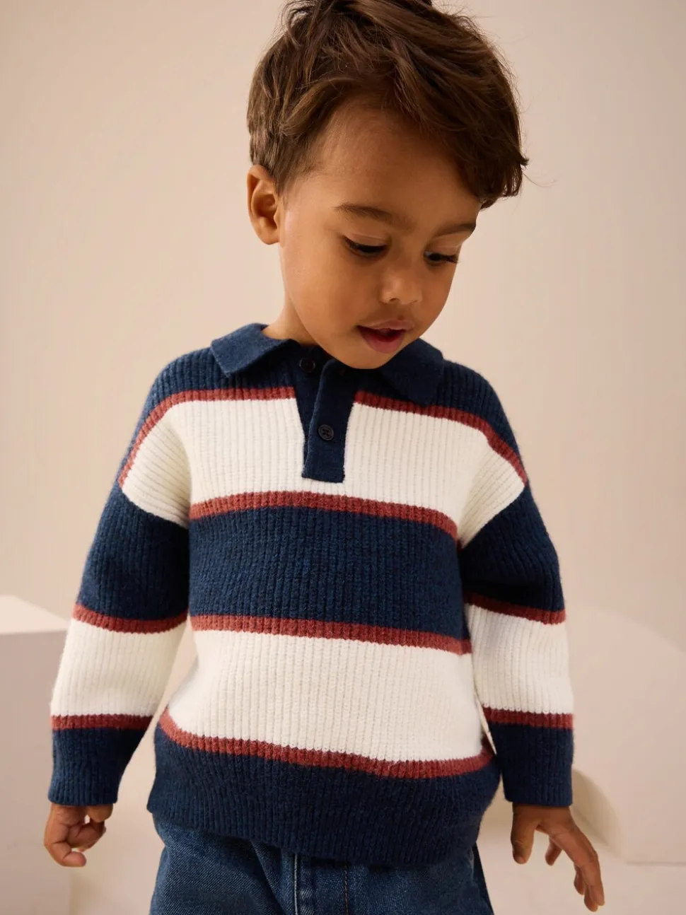 Marineblauw/bordeauxrood - Gebreid gestreept rugbypoloshirt (3mnd-7jr)