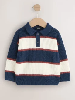 Marineblauw/bordeauxrood - Gebreid gestreept rugbypoloshirt (3mnd-7jr)