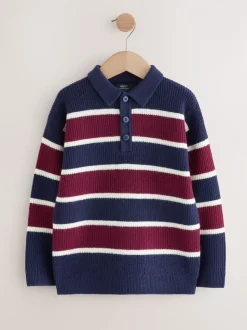Marineblauw/bordeauxrood gestreept - Gebreid rugbyshirt (3-16jr)