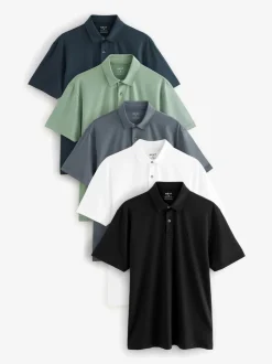Marineblauw/bruin/grijs/wit/saliegroen - Normale Pasvorm - Set van 5 jersey poloshirts met korte mouwen