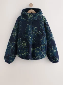 Marineblauwe bloemenprint - Active jack met capuchon van borg