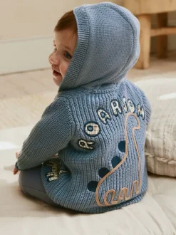 Marineblauwe dinosaurusprint geborduurd - Gebreid babyvest met capuchon (0 mnd-2 jr)