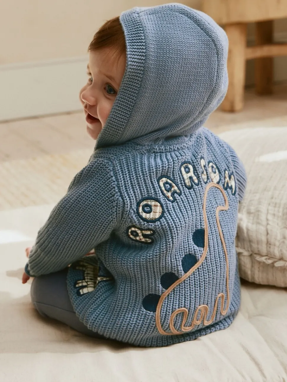 Marineblauwe dinosaurusprint geborduurd - Gebreid babyvest met capuchon (0 mnd-2 jr)
