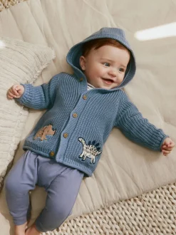 Marineblauwe dinosaurusprint geborduurd - Gebreid babyvest met capuchon (0 mnd-2 jr)