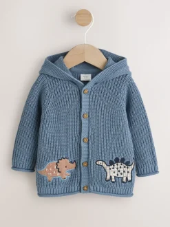 Marineblauwe dinosaurusprint geborduurd - Gebreid babyvest met capuchon (0 mnd-2 jr)