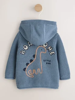 Marineblauwe dinosaurusprint geborduurd - Gebreid babyvest met capuchon (0 mnd-2 jr)