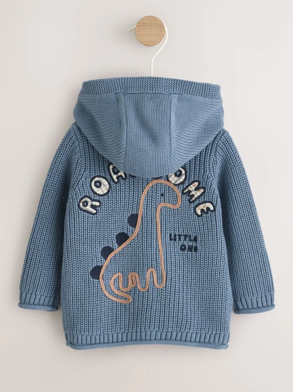 Marineblauwe dinosaurusprint geborduurd - Gebreid babyvest met capuchon (0 mnd-2 jr)