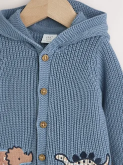 Marineblauwe dinosaurusprint geborduurd - Gebreid babyvest met capuchon (0 mnd-2 jr)